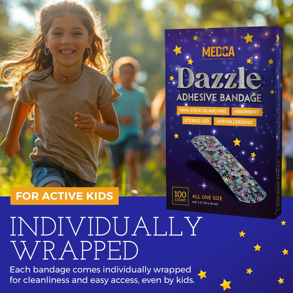 Glitter Strips Bandages, 3/4" X 3", Adhesive Wound Care, 100 Count (Pack of 1)