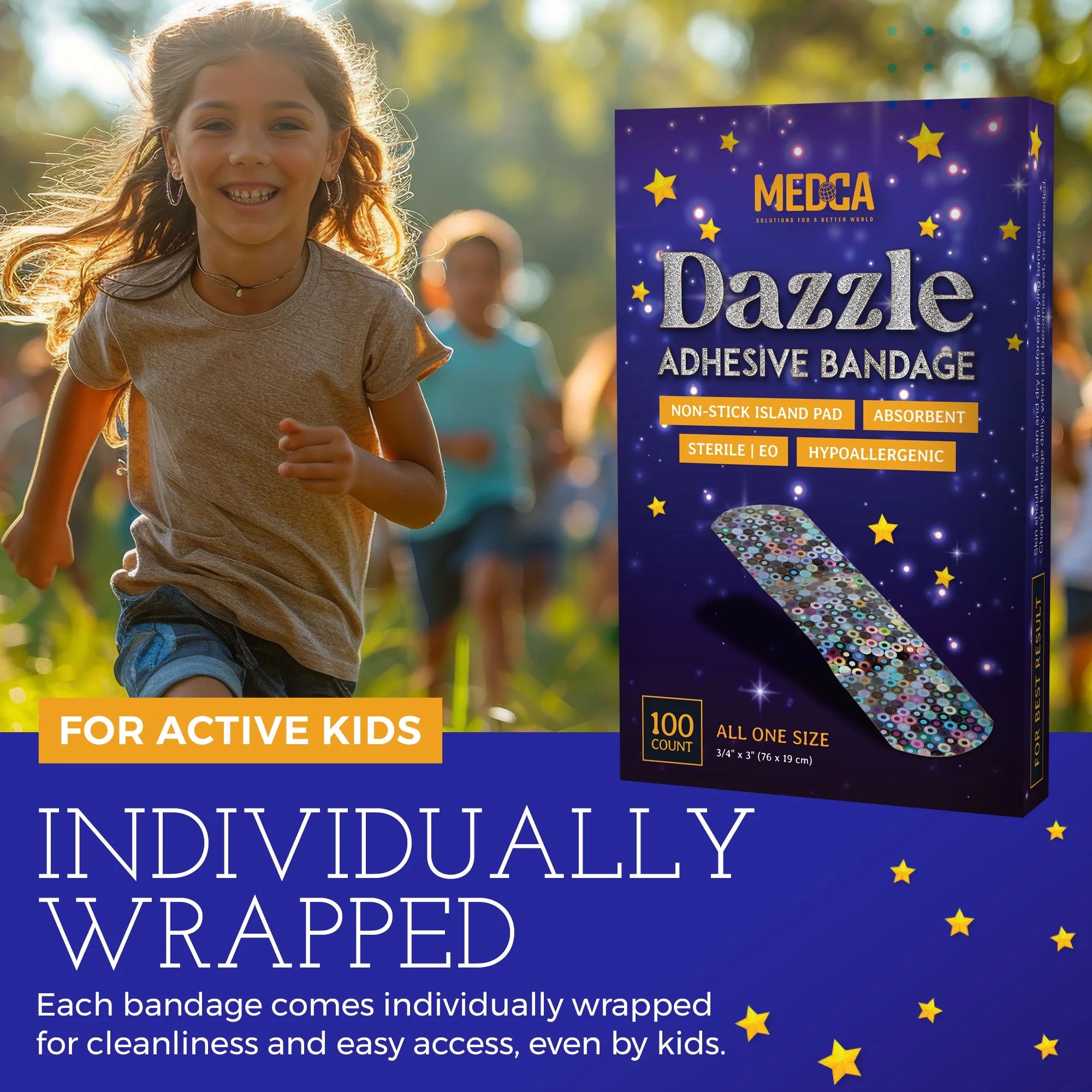Glitter Strips Bandages, 3/4" X 3", Adhesive Wound Care, 100 Count (Pack of 1)