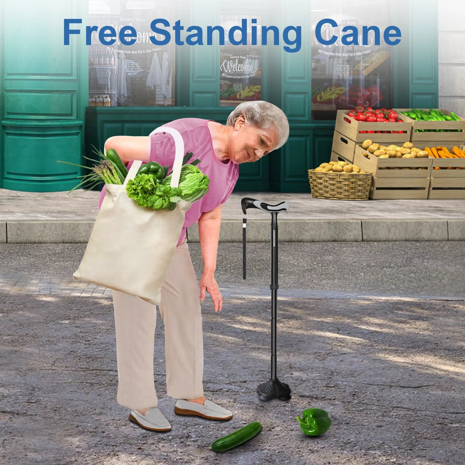 Walking Cane for Men Women Stability, Free Standing Foldable Cane, Ergonomic Handle Pivoting Quad Base, Heavy Duty 350 Lbs, Adjustable Walking Canes for Seniors Balance with Travel Bag