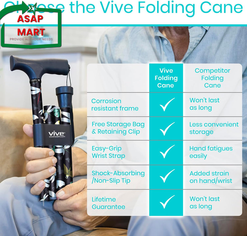 Vive Folding Cane - Foldable Walking for Men, Women Fold-Up, Collapsible, Lightw