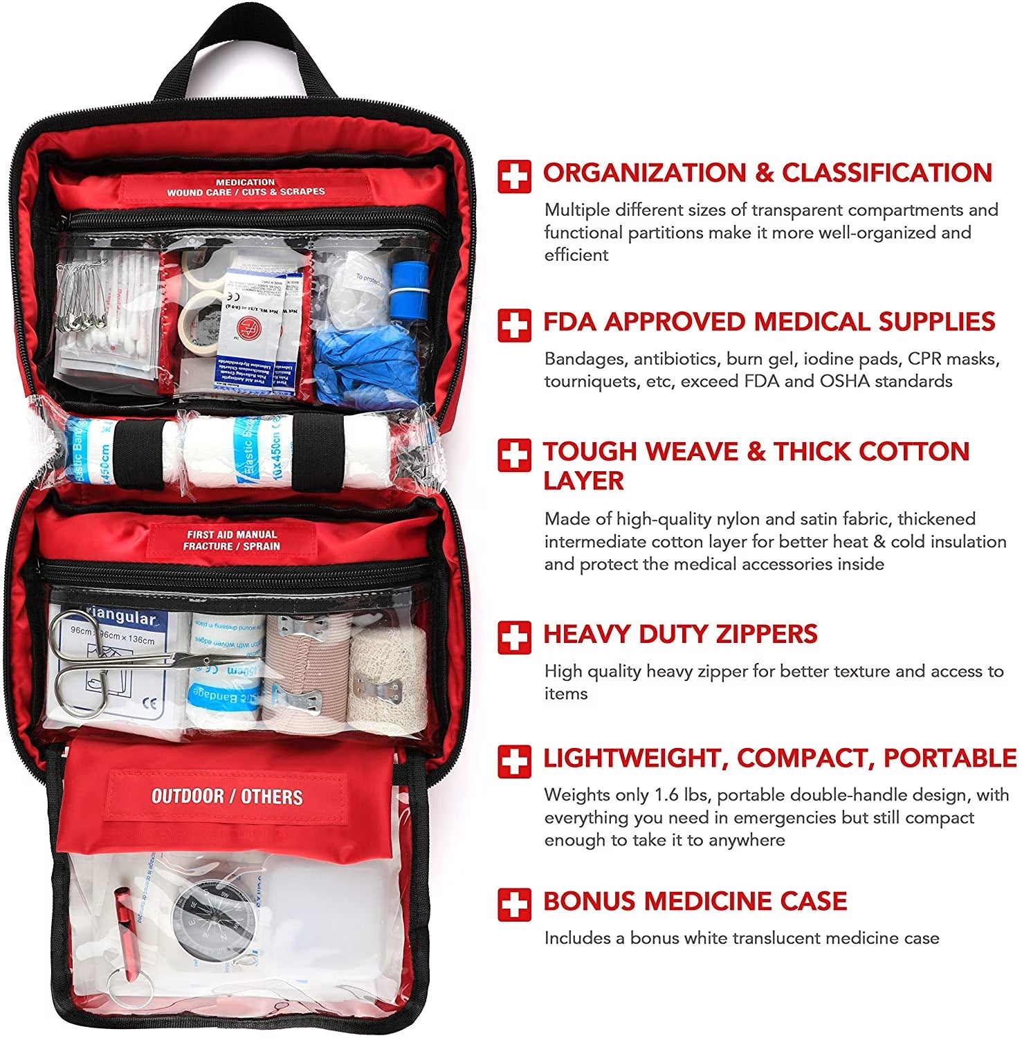 220 Piece First Aid Kit, Premium Compact Trauma Medical Kits for Any Emergencies, Ideal for Home, Office, Car, Travel, Outdoor, Camping, Hiking, Boating (Red)