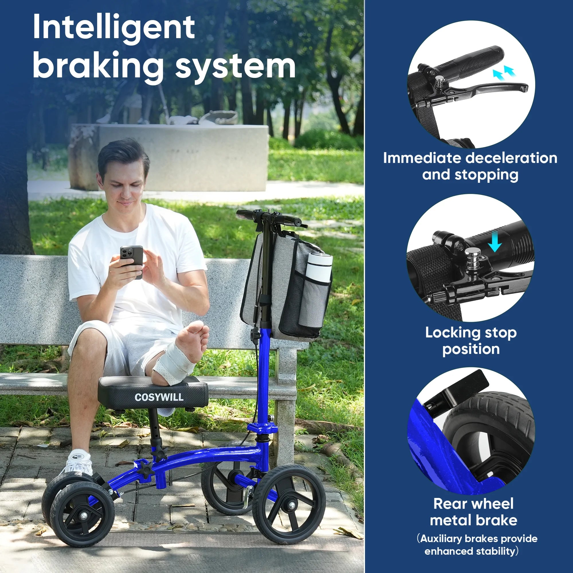 Steerable Knee Scooter,Economy Knee Walker,All Terrain Foldable Medical Scooter for Foot Injuries Crutches Alternative,Blue