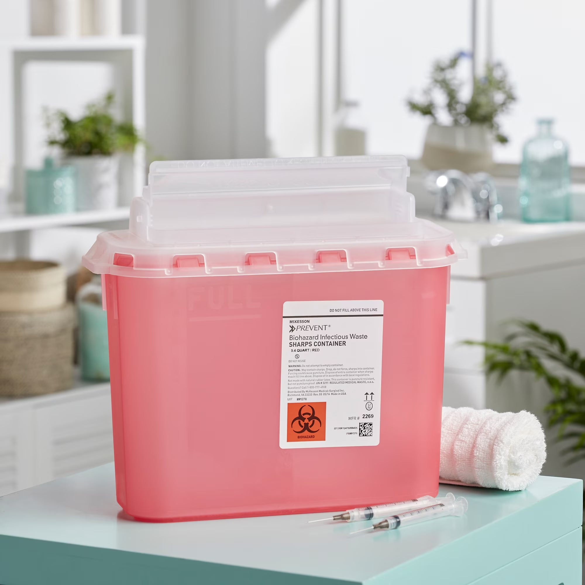 Biohazard Sharps Container, Puncture-Resistant Lockable Bin - Red, 5.4 Qt, 1 Ct