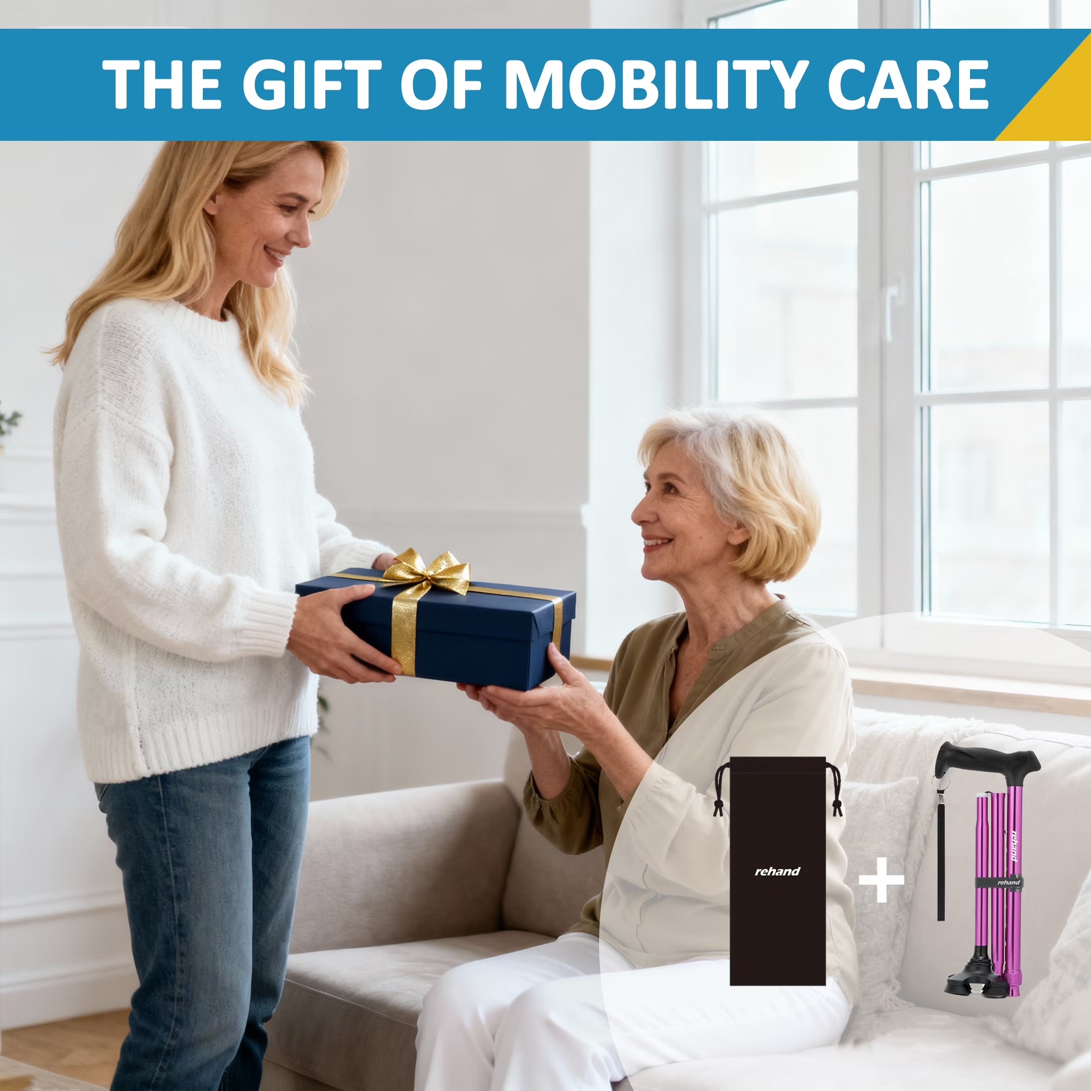 Folding Flex Cane Adjustable Rotating Quad Cane for Seniors and Adults with Bag, Purple