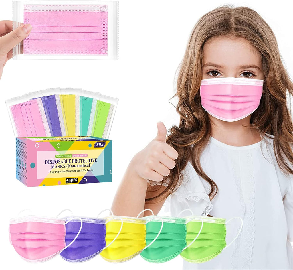 Face Masks for Kids, 50PCS Disposable Face Masks for Teens, Boys, and Grils, Breathable & Comfortable (5 Colors-50Pcs)