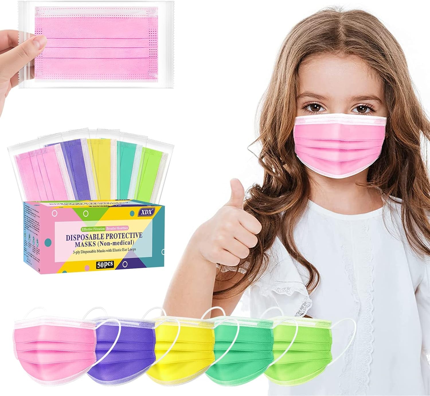 Face Masks for Kids, 50PCS Disposable Face Masks for Teens, Boys, and Grils, Breathable & Comfortable (5 Colors-50Pcs)