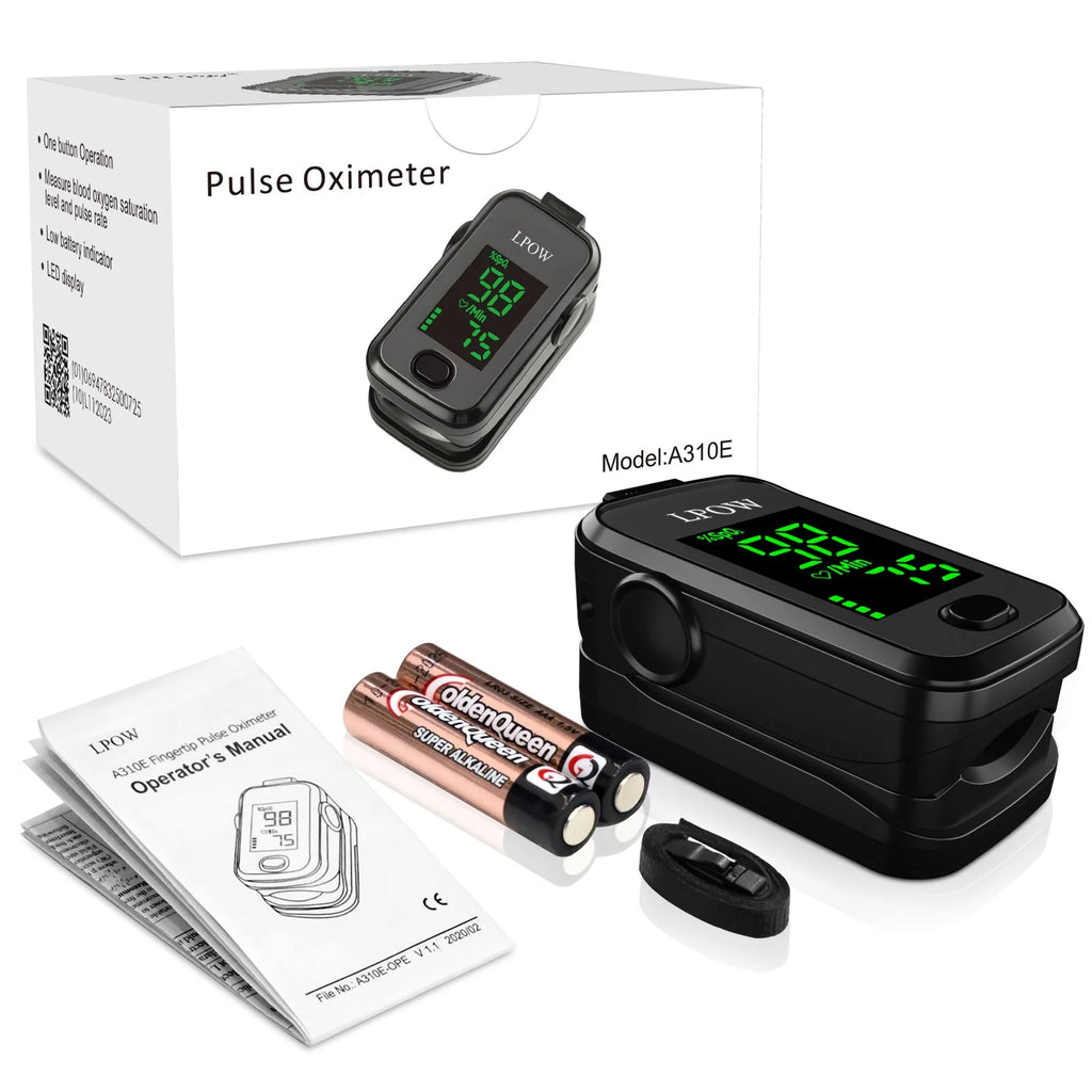 Fingertip Pulse Oximeter, Oxygen Level Pulse Rate, Includes Batteries and Lanyard - Black