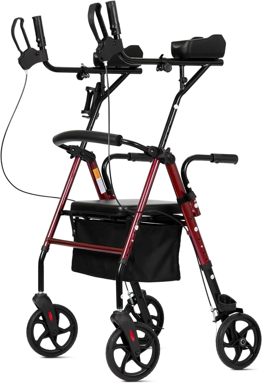 Stand up Folding Rollator Walker, Aluminum Upright Rollator Walker with Sitting Seat and Backrest for Seniors, Red