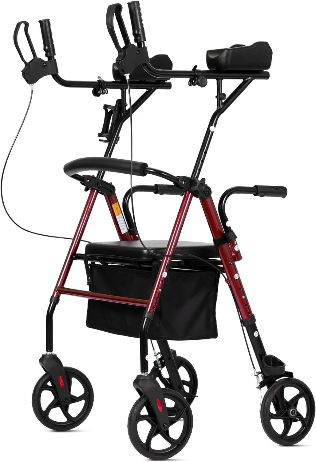 Stand up Folding Rollator Walker, Aluminum Upright Rollator Walker with Sitting Seat and Backrest for Seniors, Red