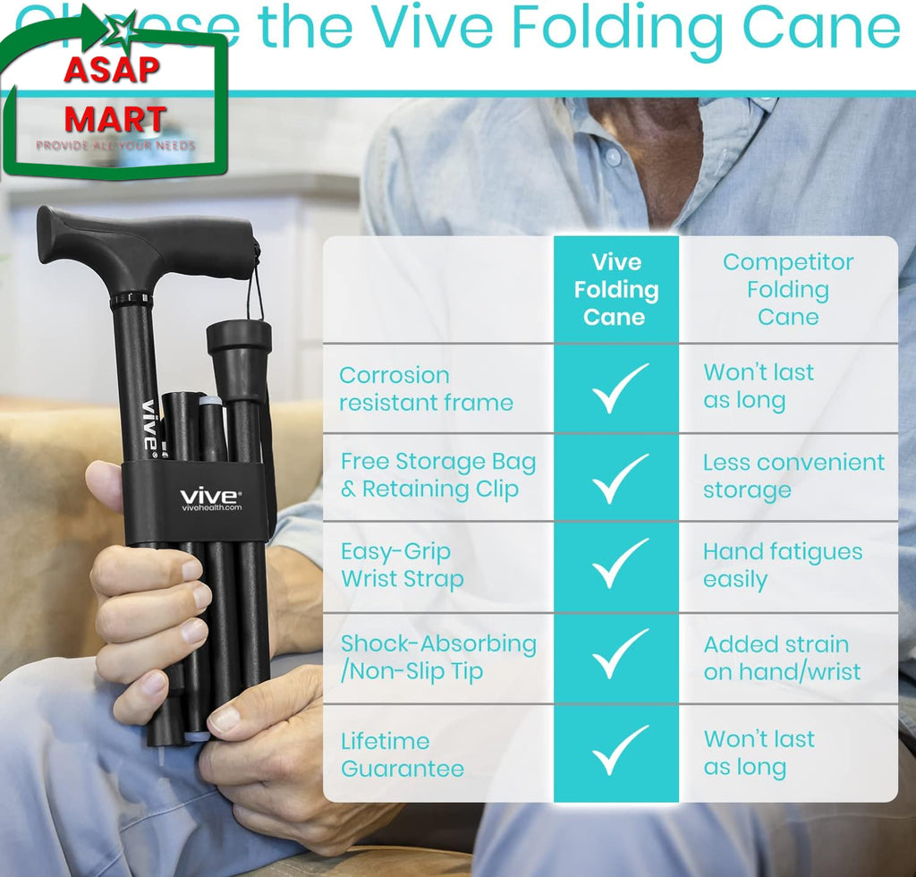 Vive Folding Cane - Foldable Walking Cane for Men, Women - Fold-Up, Collapsible.
