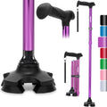 Folding Flex Cane Adjustable Rotating Quad Cane for Seniors and Adults with Bag, Purple