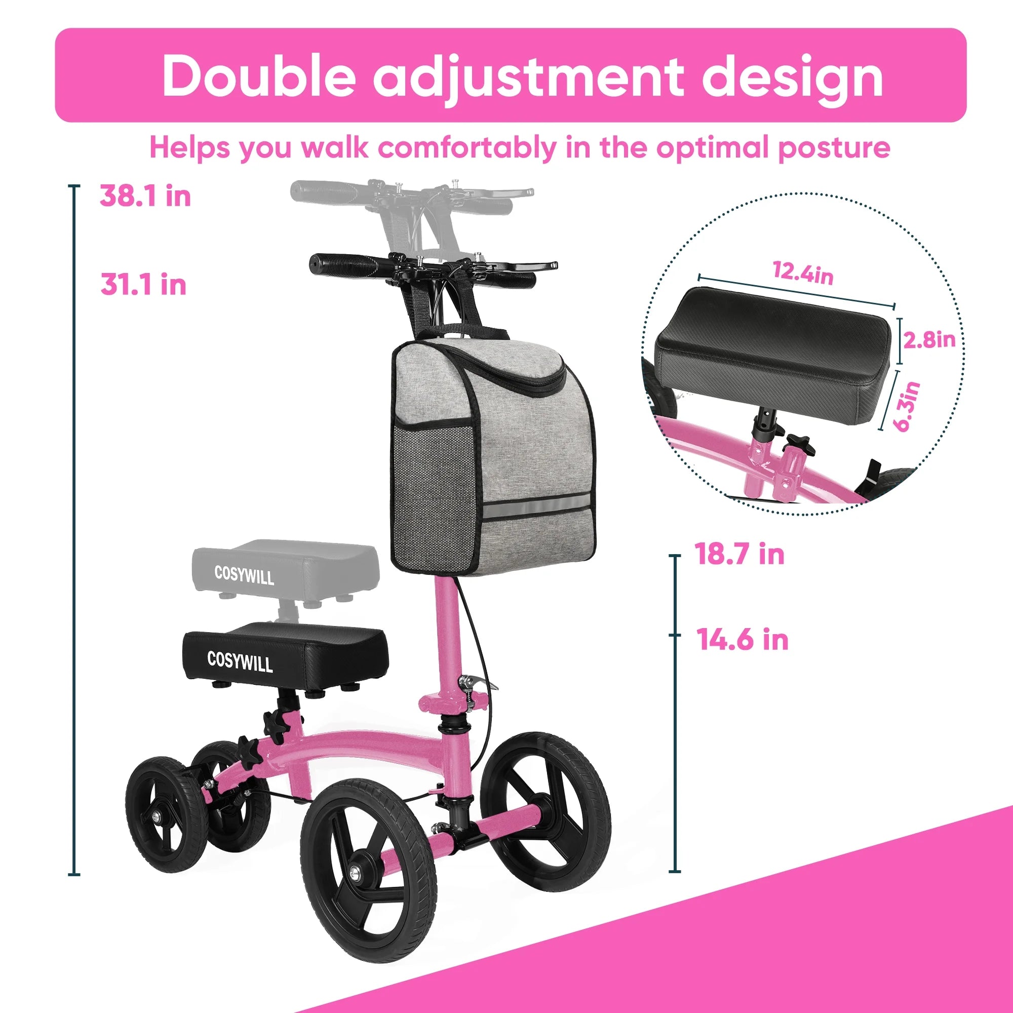 Steerable Knee Scooter,Economy Knee Walker,All Terrain Foldable Medical Scooter for Foot Injuries Crutches Alternative,Pink