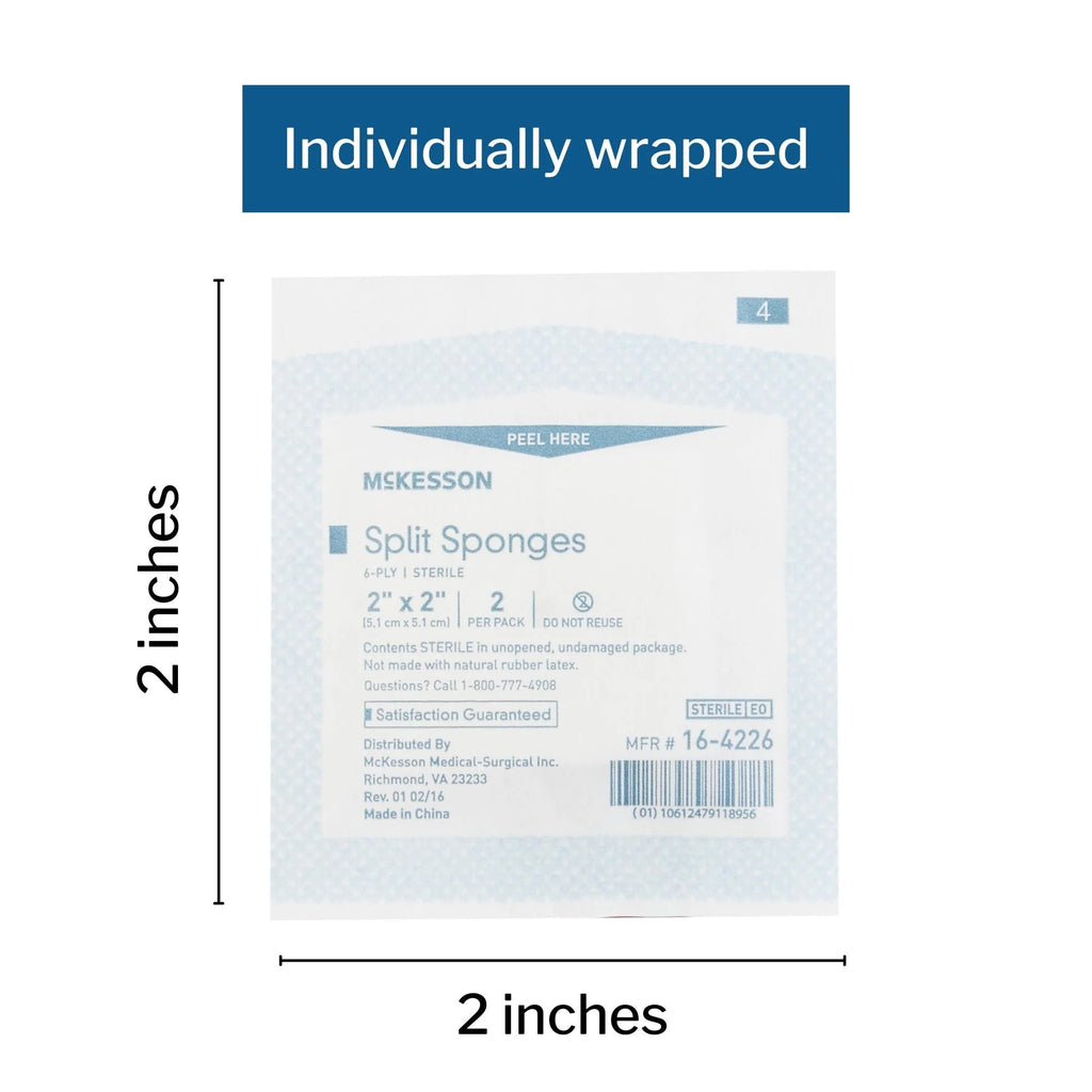 Split Sponges, Sterile, 100% Cotton, I.V. Drain Split Dressing, 6-Ply, 2 In. X 2 In., 2 per Pack, 700 Packs, 1400 Total