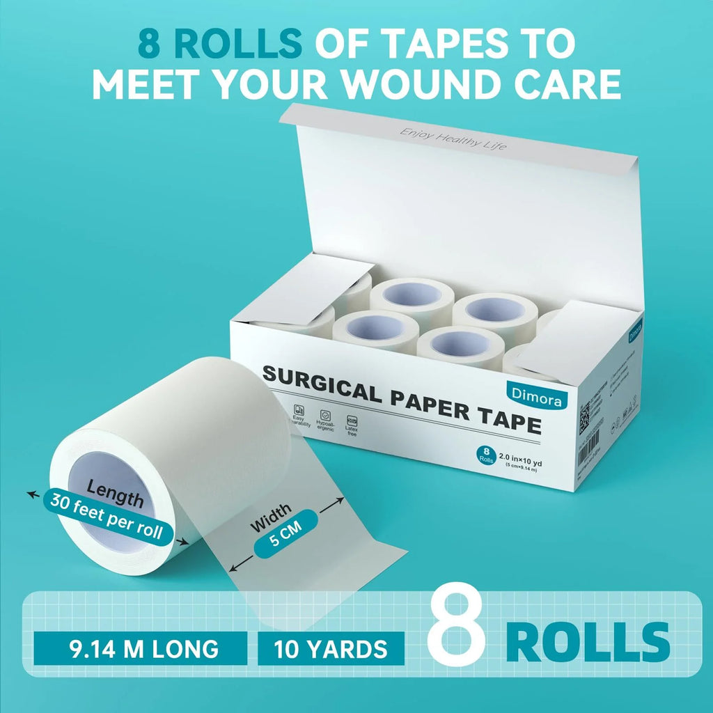 Soft Paper Surgical Tape 8 Rolls- Hypoallergenic Medical Tape for Sensitive Skin, Breathable First Aid Wound Tape with Pain-Free Removal, Secures Dressing and Medical Devices -2" X 10 Yards