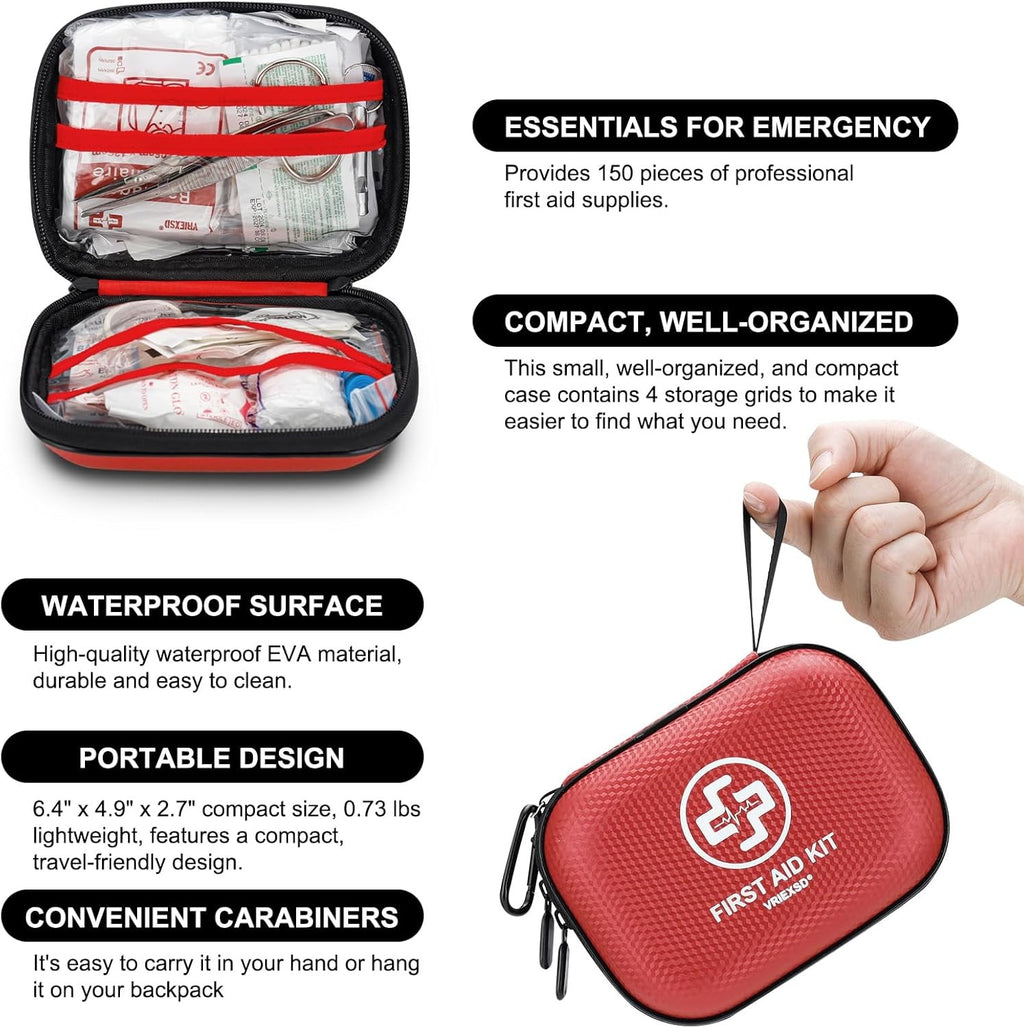 Mini First Aid Kit - 150 Piece Small Waterproof Hard Shell Medical Kit for Home,