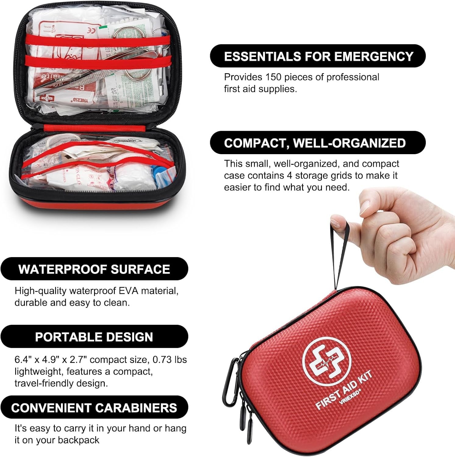 Mini First Aid Kit - 150 Piece Small Waterproof Hard Shell Medical Kit for Home,