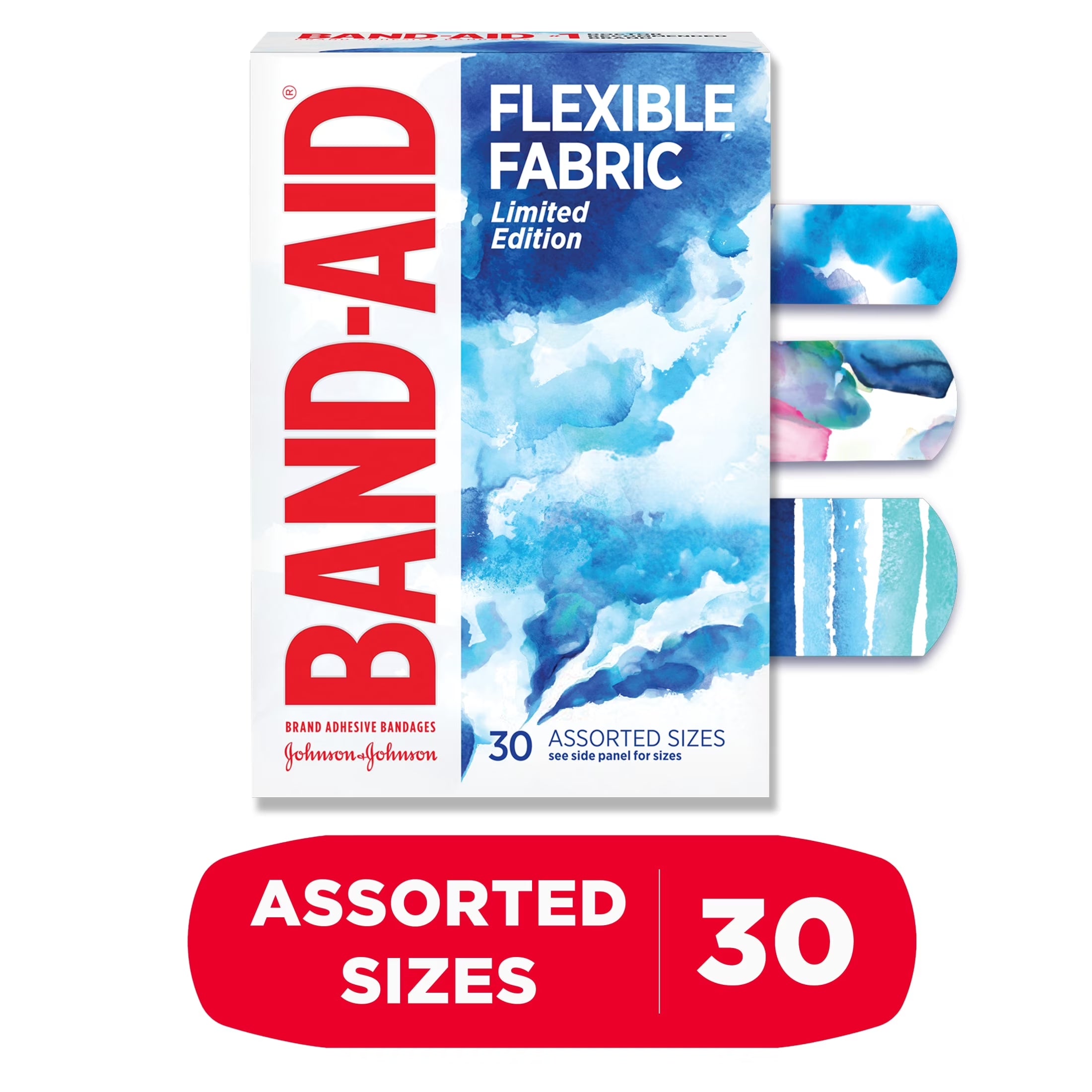 (3 Pack)  Brand Flexible Fabric Bandages, Water Color, Assorted, 30 Count