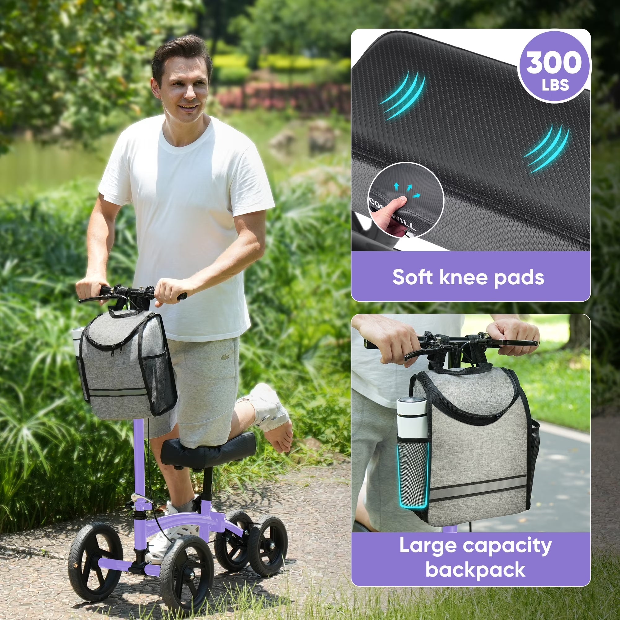 Steerable Knee Scooter,Economy Knee Walker,All Terrain Foldable Medical Scooter for Foot Injuries Crutches Alternative,Purple