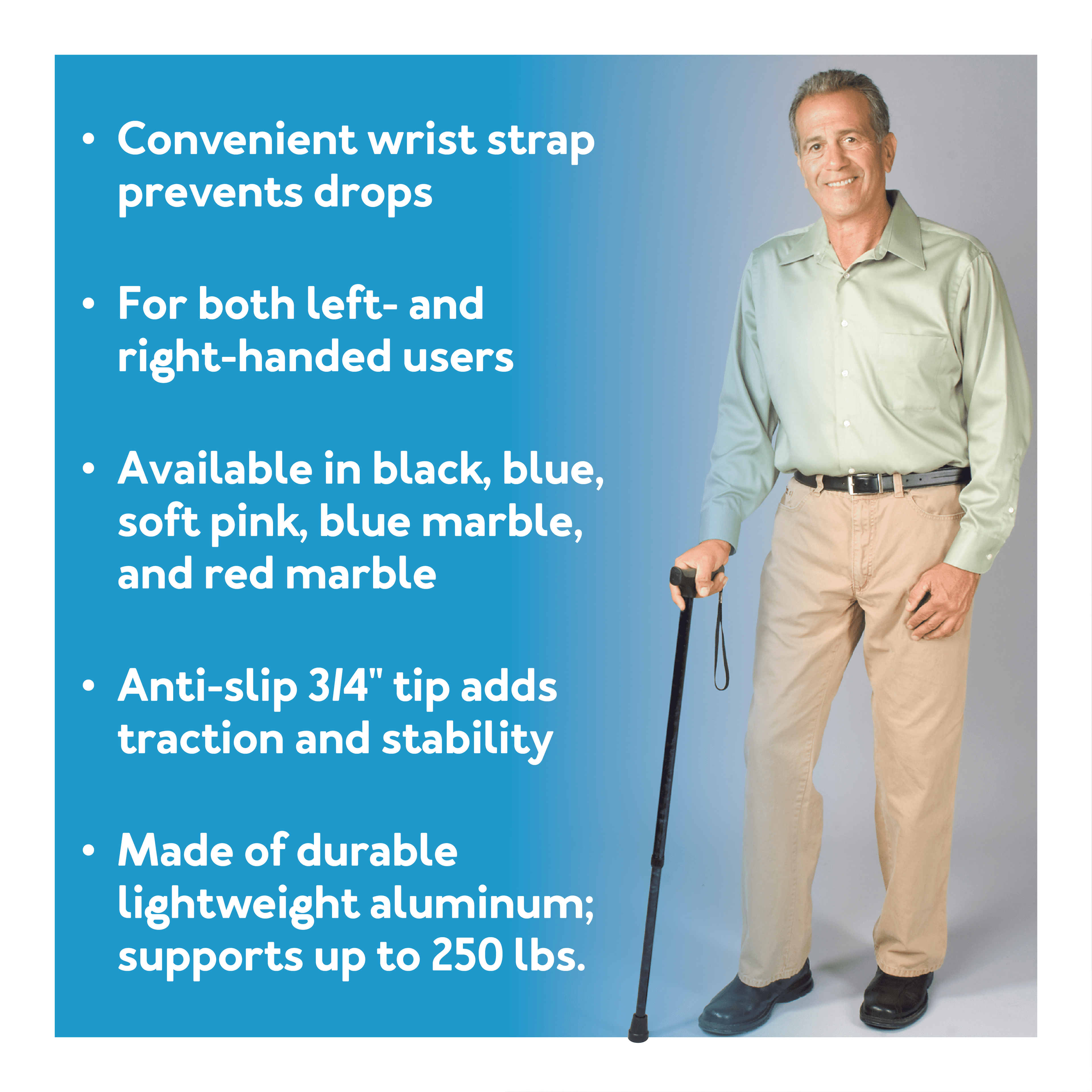 Soft Grip Derby Adjustable Walking Cane , Blue, 250 Lb Weight Capacity