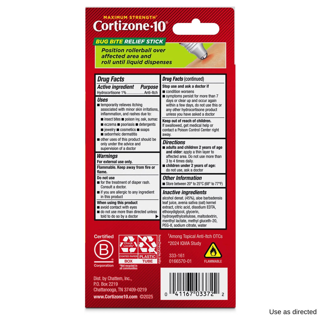 Cortizone-10 Maximum Strength Itch Relief Bug Bite Relief Stick 1% Hydrocortisone, Fast-Acting, Anti-Itch Liquid for Bug Bites, Rash, Eczema, Psoriasis, Poison Ivy, Oak, Sumac, .75 Fl. Oz