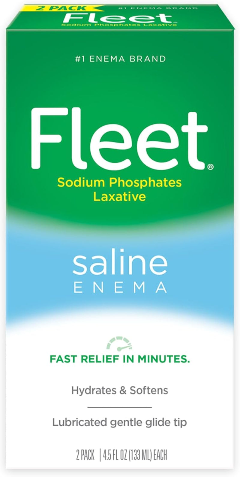 Laxative Saline Enema, Constipation Relief for Adults, Fast-Acting Prefilled Enema Kit, 4.5 Fl Oz, 2 Bottles