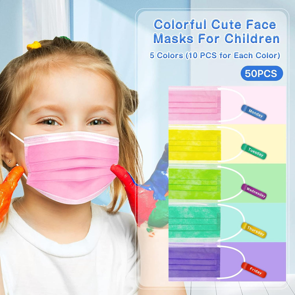 Face Masks for Kids, 50PCS Disposable Face Masks for Teens, Boys, and Grils, Breathable & Comfortable (5 Colors-50Pcs)