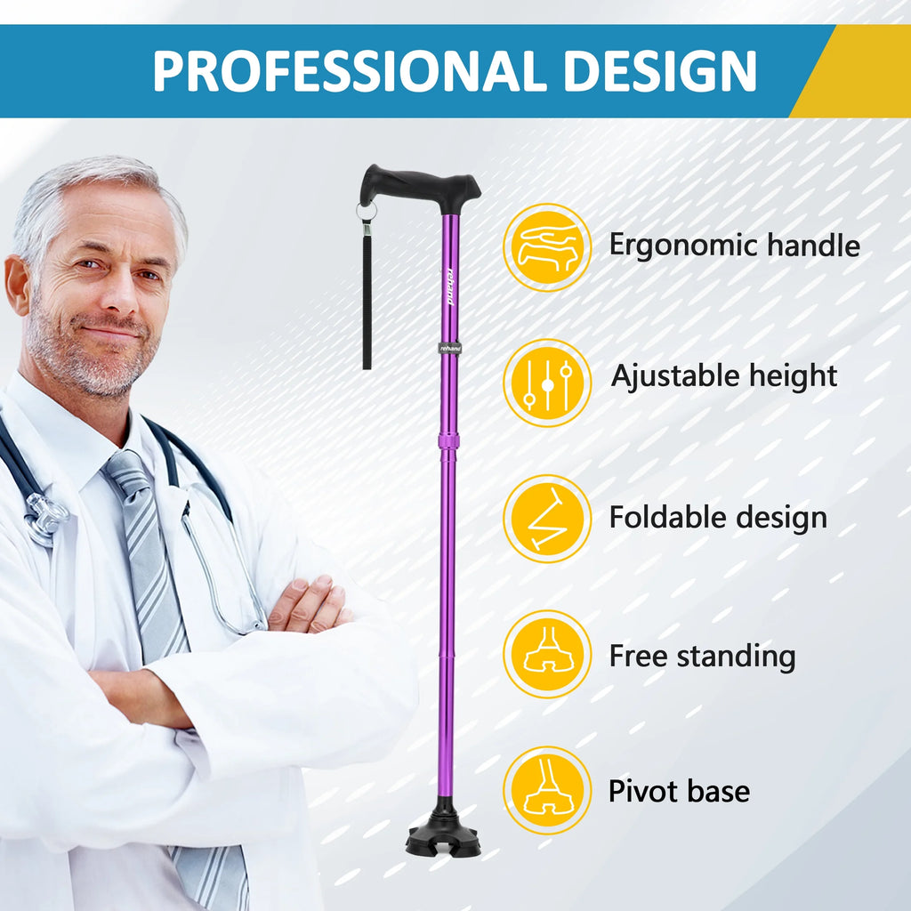 Folding Flex Cane Adjustable Rotating Quad Cane for Seniors and Adults with Bag, Purple