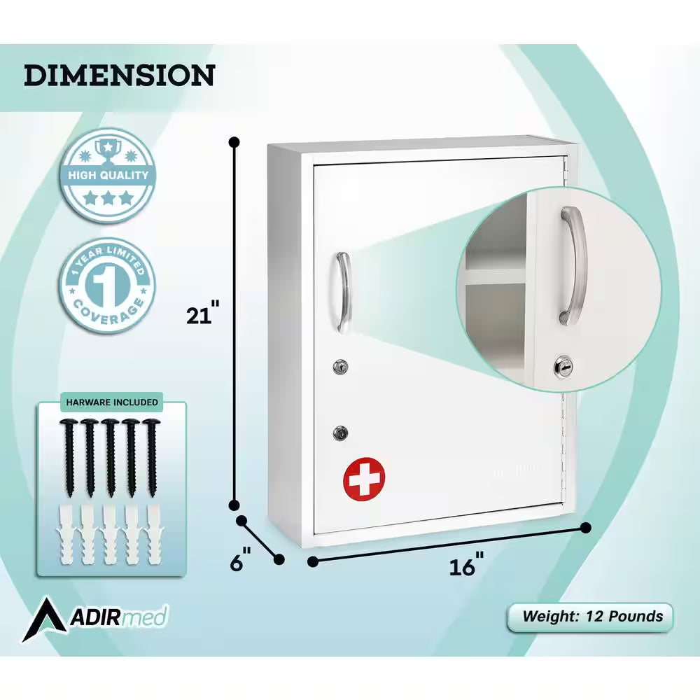 16 In. W X 21 In. H Dual Lock White Surface Mount Medicine Cabinet without Mirror with Pull-Out Shelf