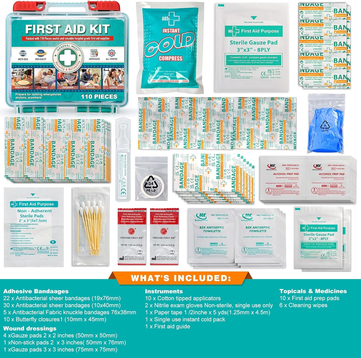 110 Pieces Small First Aid Kit - Hardcase First Aid Box - Contains Premium Medic