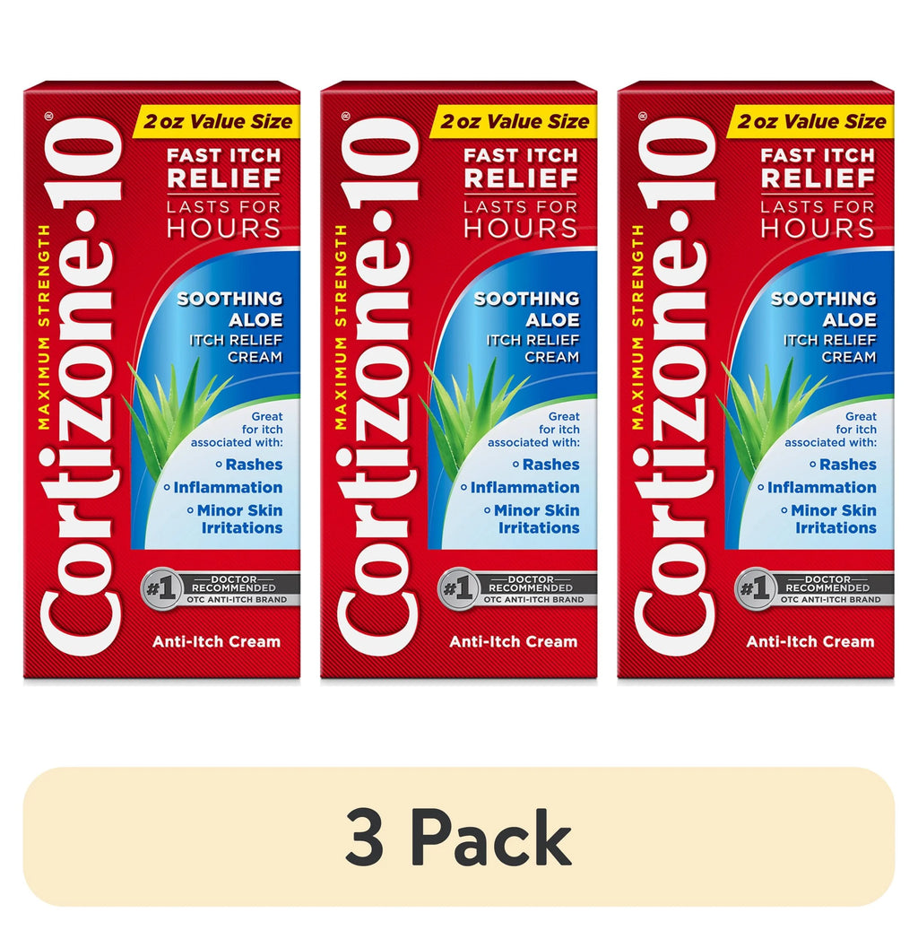 (3 Pack) Cortizone-10 Maximum Strength Soothing Aloe Itch Relief Cream, 1% Hydrocortisone, Fast-Acting, Anti-Itch Cream for Bug Bites, Rash, Eczema, Psoriasis, Poison Ivy, Oak, Sumac & More, 2 Oz