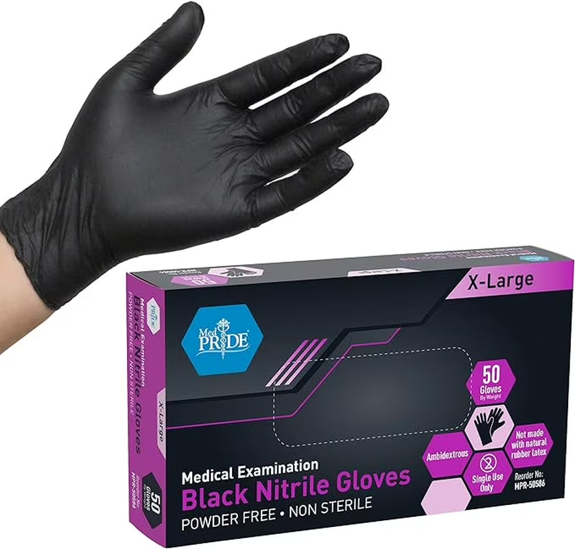 Med Pride Black Nitrile Disposable Gloves 4 Mil Thick, 50 Count Nitrile Gloves Latex-Free, Powder-Free & Non-Sterile, X-Large
