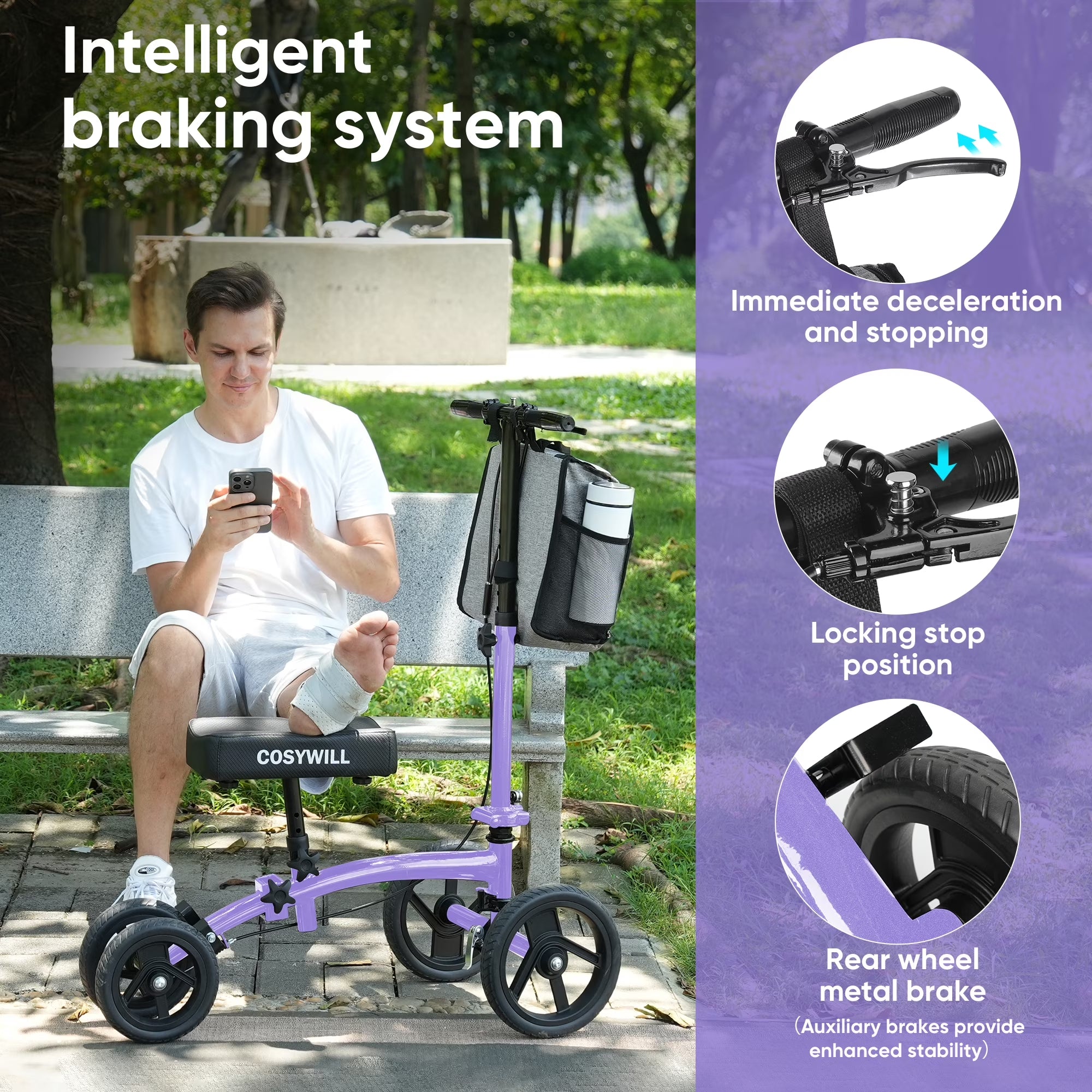 Steerable Knee Scooter,Economy Knee Walker,All Terrain Foldable Medical Scooter for Foot Injuries Crutches Alternative,Purple