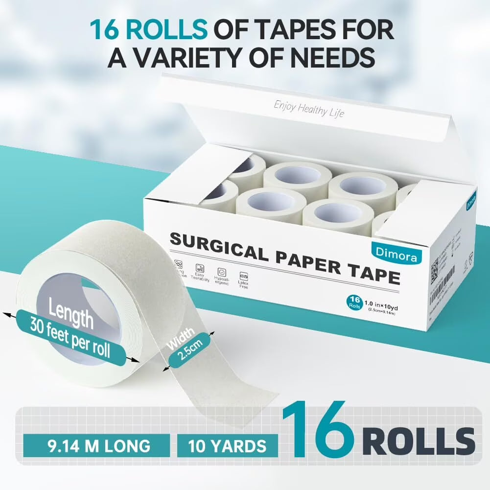 Paper Medical Tape - Hypoallergenic White Surgical First Aid Tape, 16 Rolls, 1" X 10 Yards