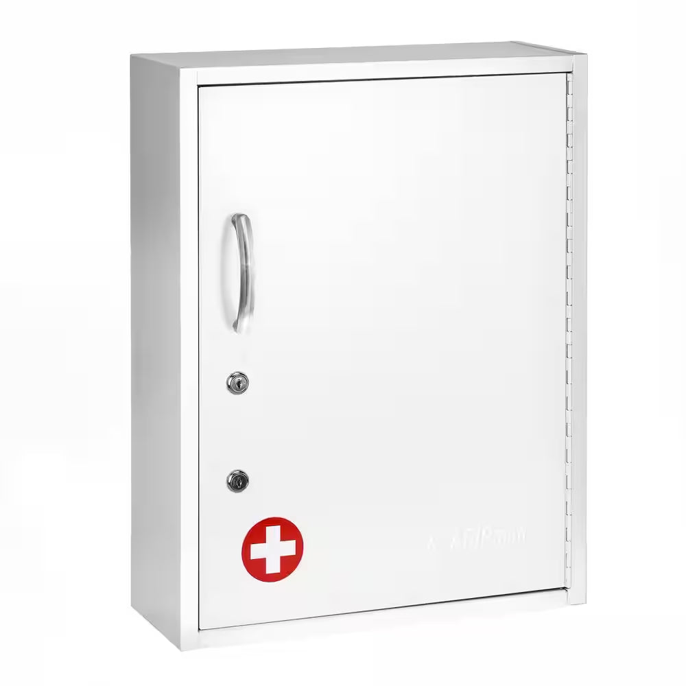 16 In. W X 21 In. H Dual Lock White Surface Mount Medicine Cabinet without Mirror with Pull-Out Shelf