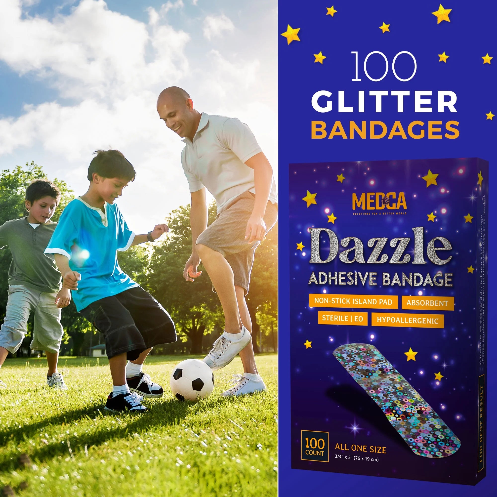 Glitter Strips Bandages, 3/4" X 3", Adhesive Wound Care, 100 Count (Pack of 1)