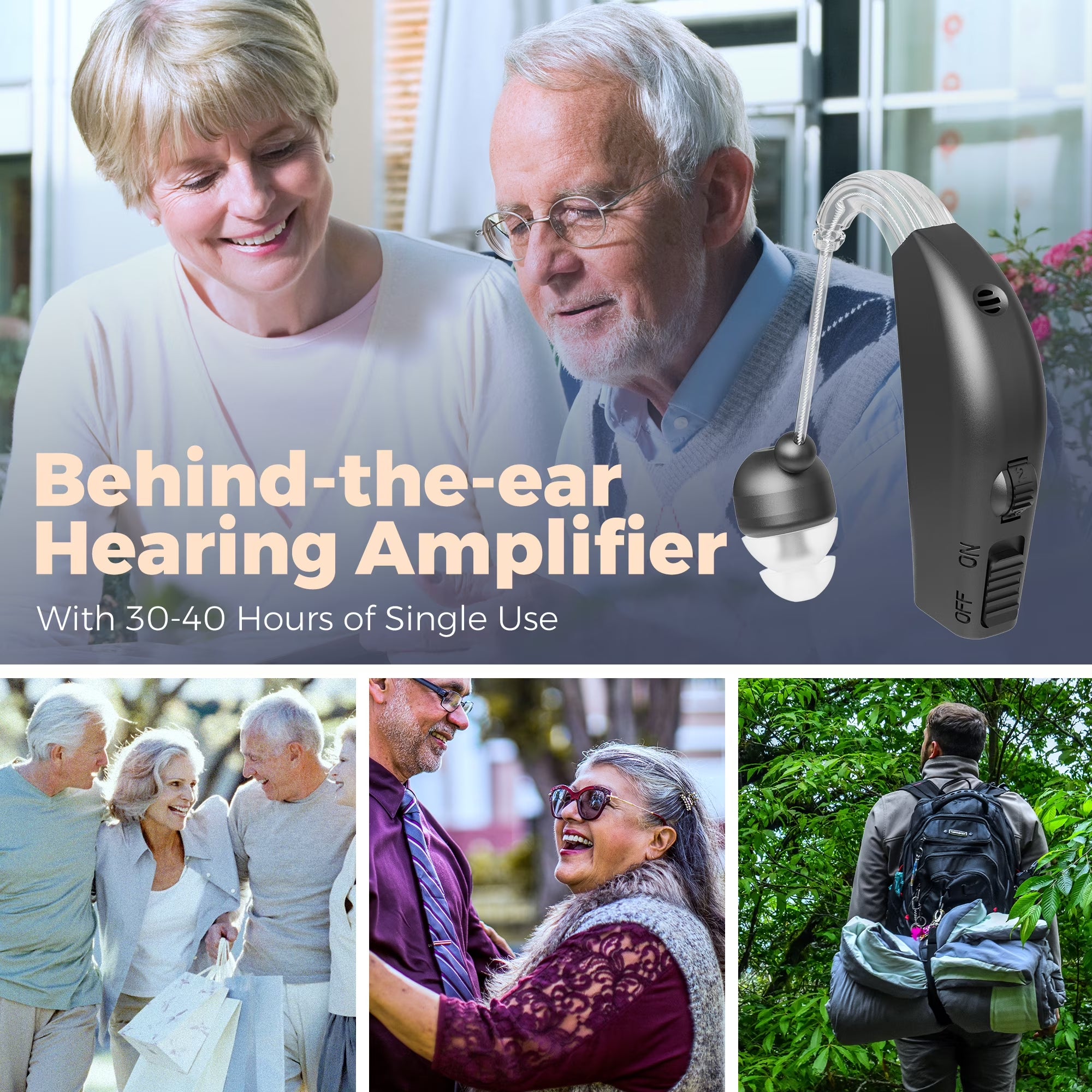 Rechargeable Pair Hearing Aid for Seniors, Personal Sound Amplifier - Black