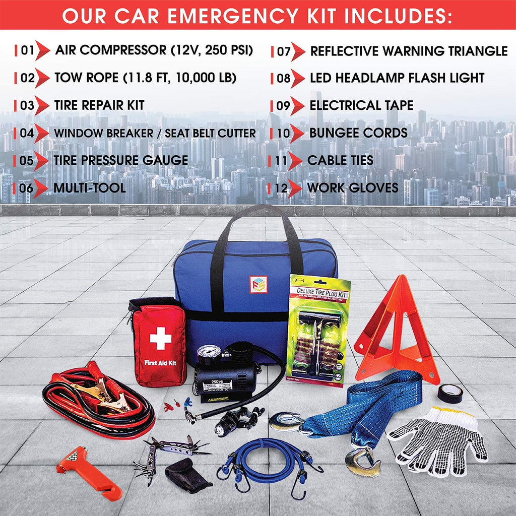 - Emergency Roadside & First Aid Kit - Essential Car Safety Tool Pack (90 Pieces)