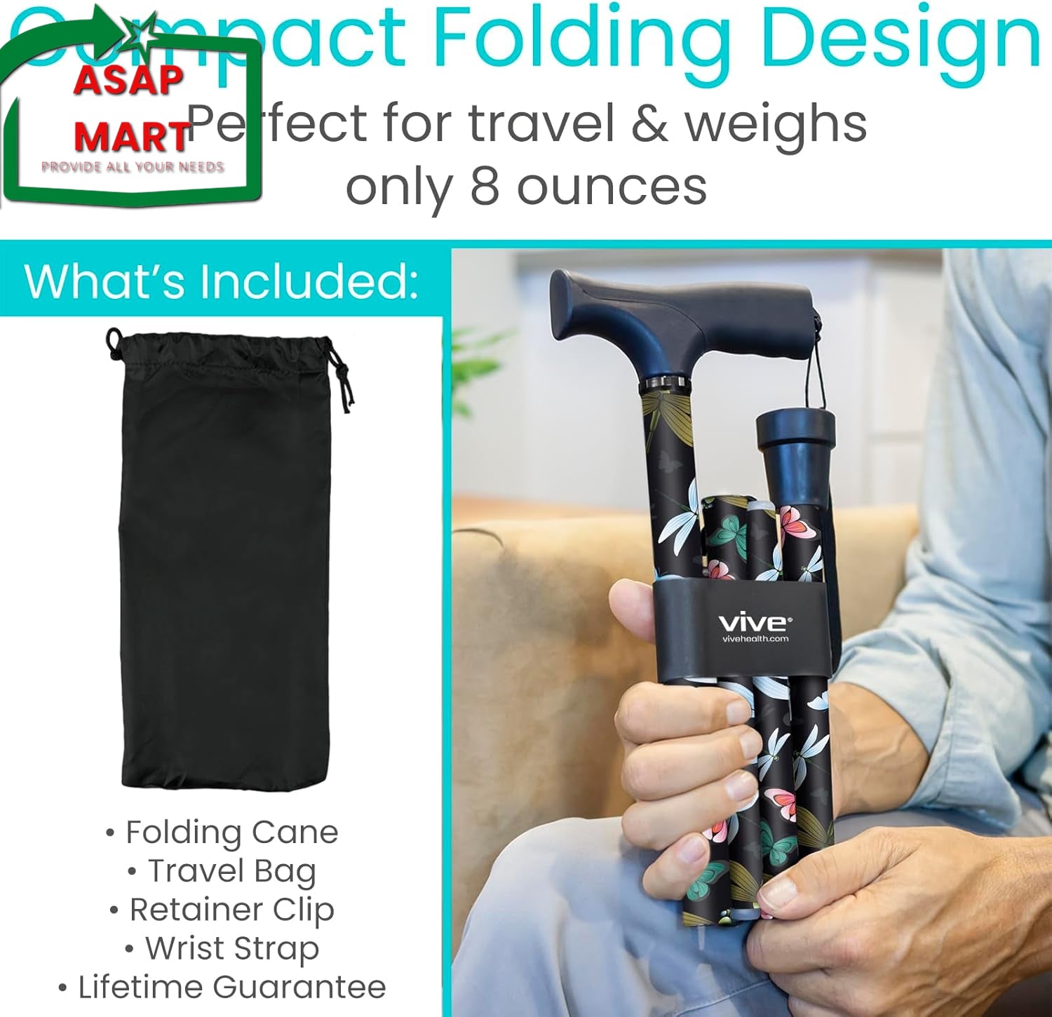 Vive Folding Cane - Foldable Walking for Men, Women Fold-Up, Collapsible, Lightw