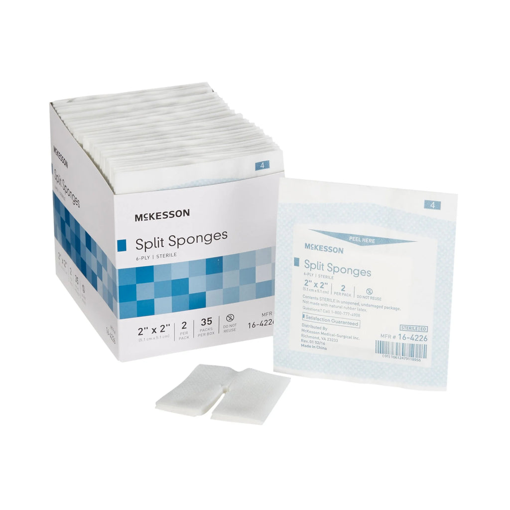 Split Sponges, Sterile, 100% Cotton, I.V. Drain Split Dressing, 6-Ply, 2 In. X 2 In., 2 per Pack, 700 Packs, 1400 Total