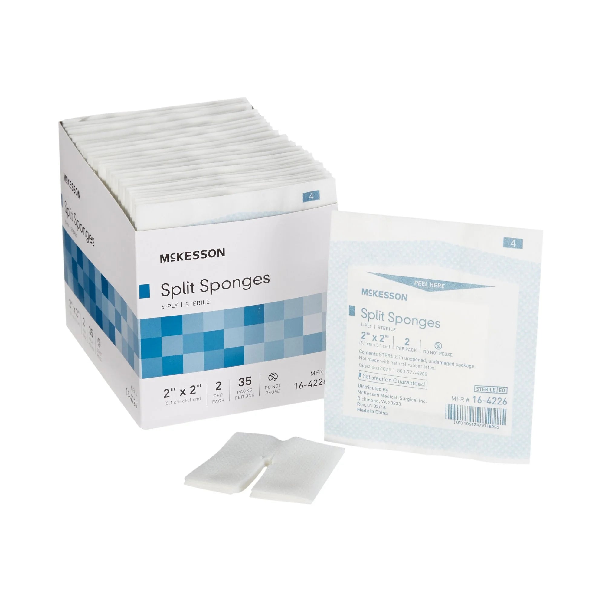 Split Sponges, Sterile, 100% Cotton, I.V. Drain Split Dressing, 6-Ply, 2 In. X 2 In., 2 per Pack, 700 Packs, 1400 Total