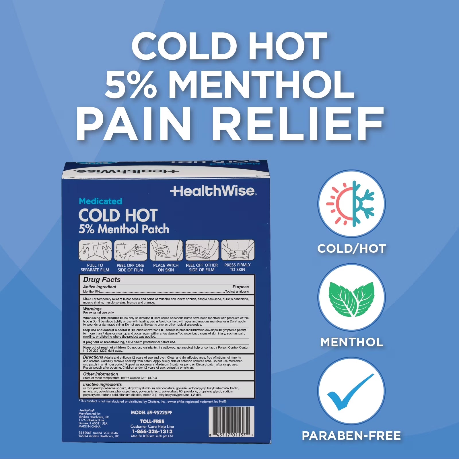 Cold Hot Medicated Menthol Patch | 5% Menthol | Back and Large Areas | 7.87” X 3.93” | 25-Count | Paraben-Free | Soothes Minor Aches and Pains