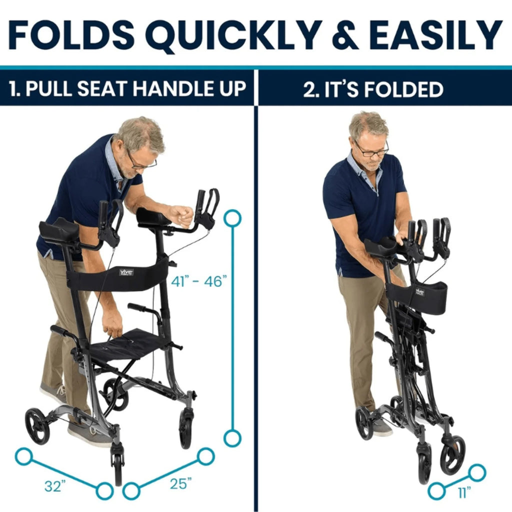 Vive Mobility Upright Walker with Seat for Seniors – Folding Stand up Rollator Walker, Heavy Duty Medical Mobility Aid with Arm Rests for Elderly Women and Men, Red