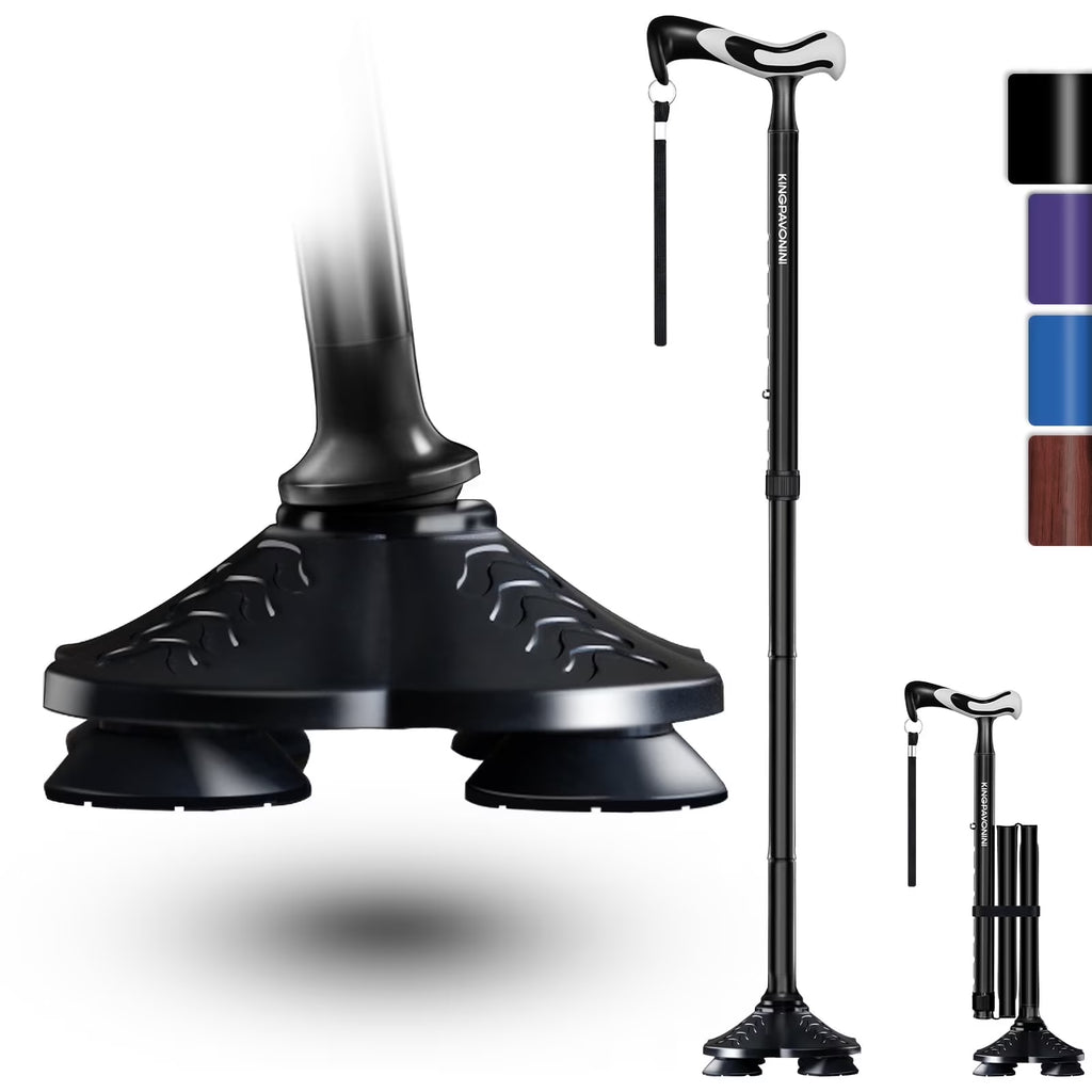 Walking Cane for Men Women Stability, Free Standing Foldable Cane, Ergonomic Handle Pivoting Quad Base, Heavy Duty 350 Lbs, Adjustable Walking Canes for Seniors Balance with Travel Bag
