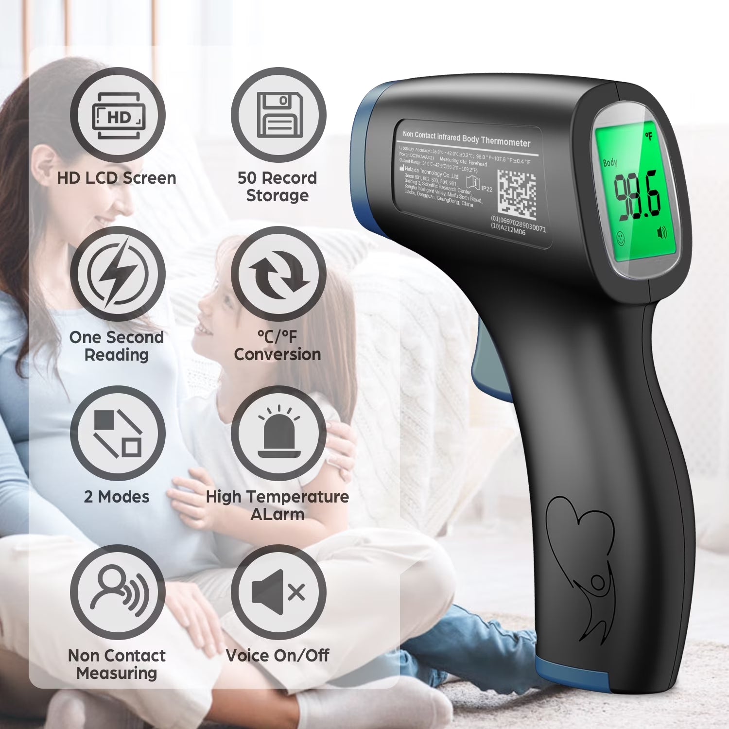 Infrared Digital Forehead Thermometer, 1S Reading, 3 Colors Backlight, 50 Memories Recall, All Ages