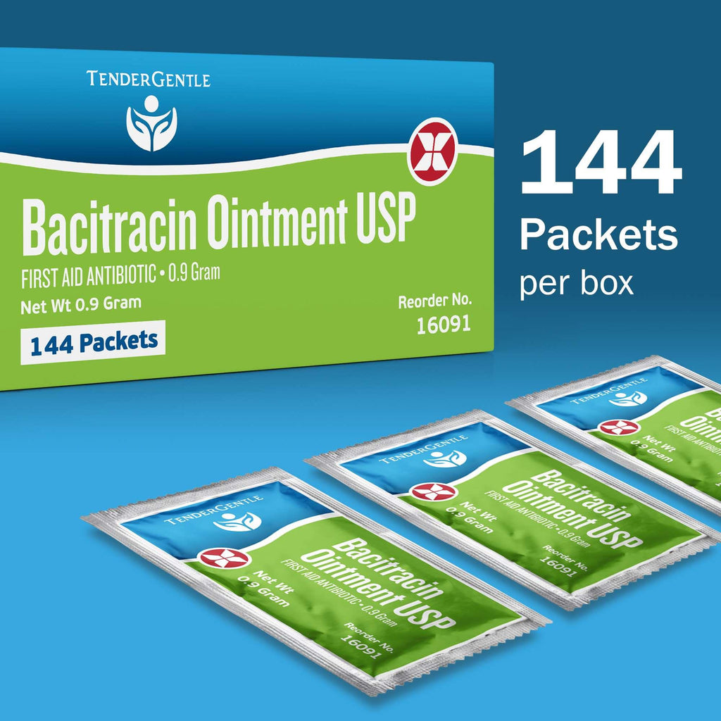 Tender Gentle Bacitracin Antibiotic Ointment Packets - 144 Ct. Bacitracin Zinc USP - Infection Prevnetion - Single Use - First Aid Kits