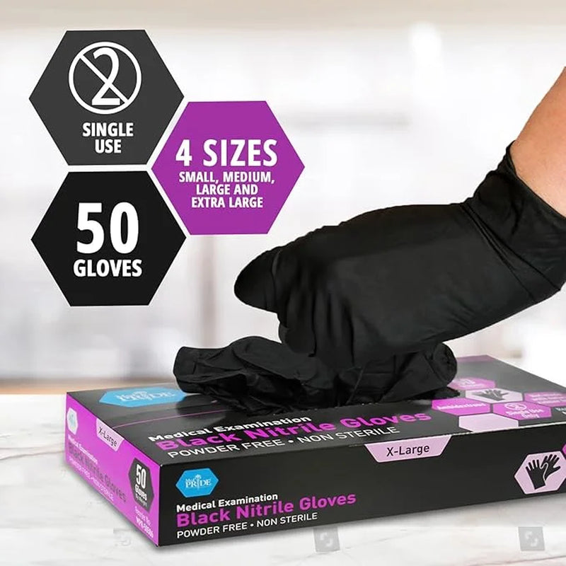 Med Pride Black Nitrile Disposable Gloves 4 Mil Thick, 50 Count Nitrile Gloves Latex-Free, Powder-Free & Non-Sterile, X-Large