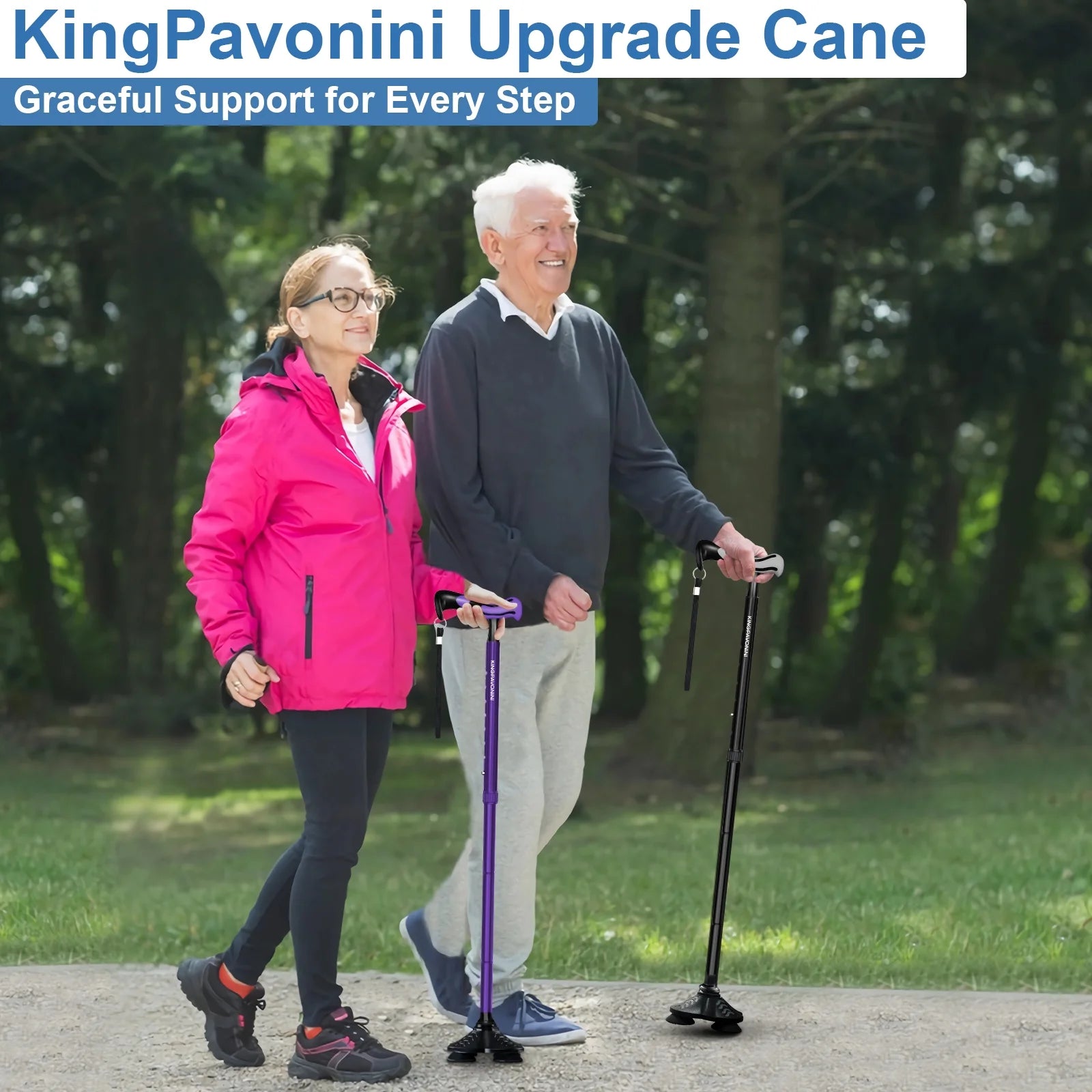 Walking Cane for Men Women Stability, Free Standing Foldable Cane, Ergonomic Handle Pivoting Quad Base, Heavy Duty 350 Lbs, Adjustable Walking Canes for Seniors Balance with Travel Bag