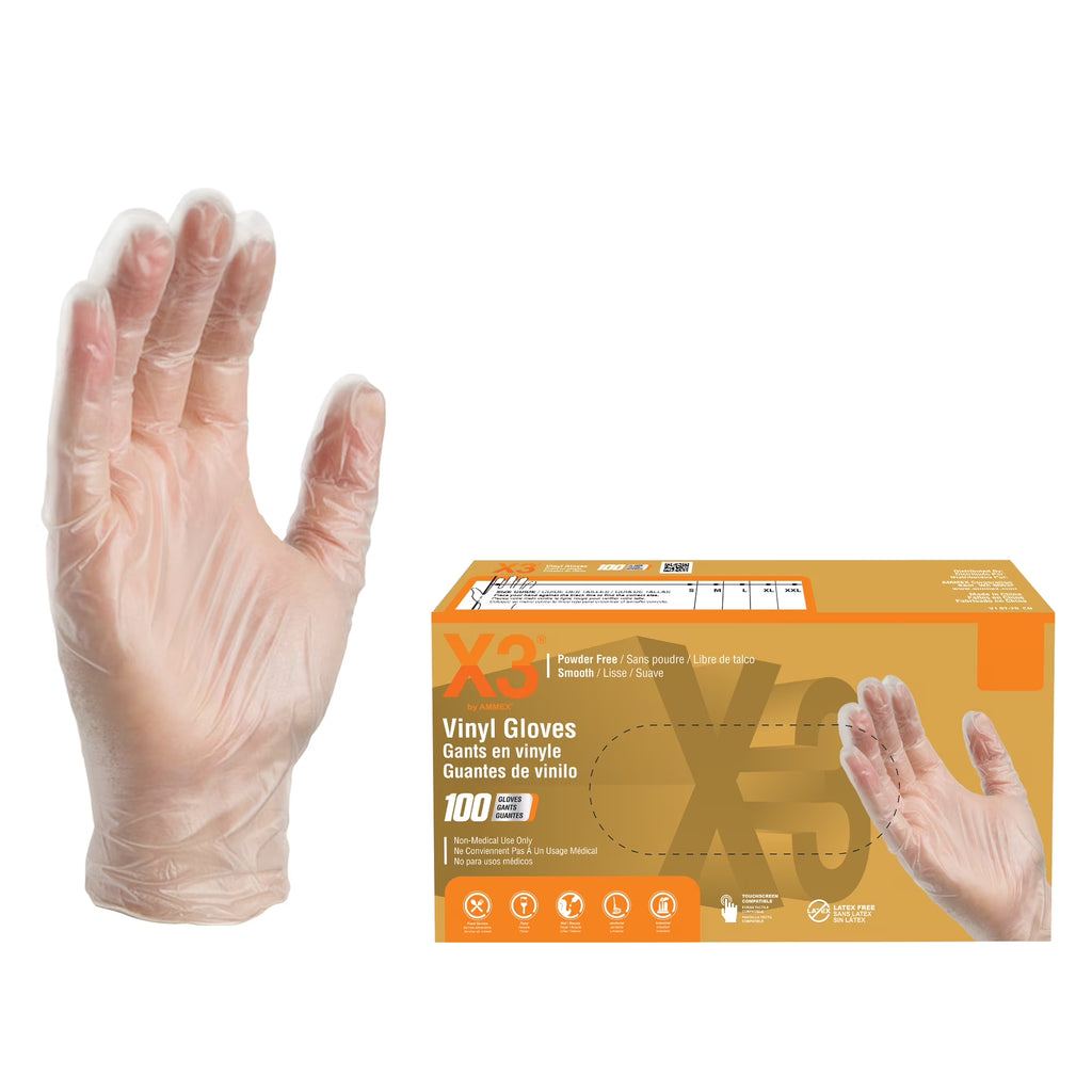 X3 Clear Vinyl Disposable Gloves, 3 Mil, Food-Safe, Non-Latex, Medium, 100/Box