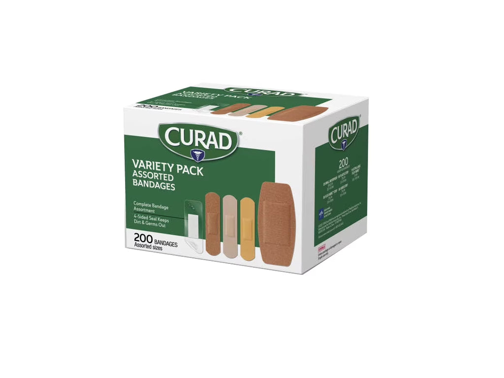 4‑Sided Seal Adhesive Bandages, Variety Pack, Assorted Fabric & Plastic, 200 Count