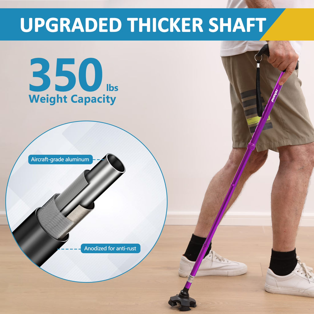 Folding Flex Cane Adjustable Rotating Quad Cane for Seniors and Adults with Bag, Purple